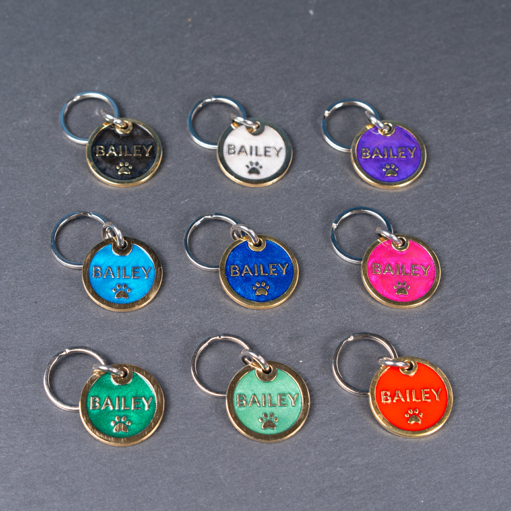 Custom Personalised Laser Engraved Round Pet Dog Cat ID Tag Colour Brass Bronze Double Sided