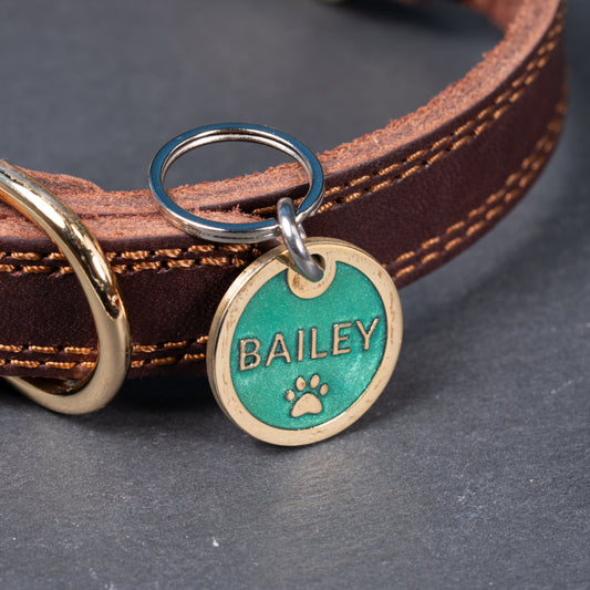 Custom Personalised Laser Engraved Round Pet Dog Cat ID Tag Colour Brass Bronze Double Sided