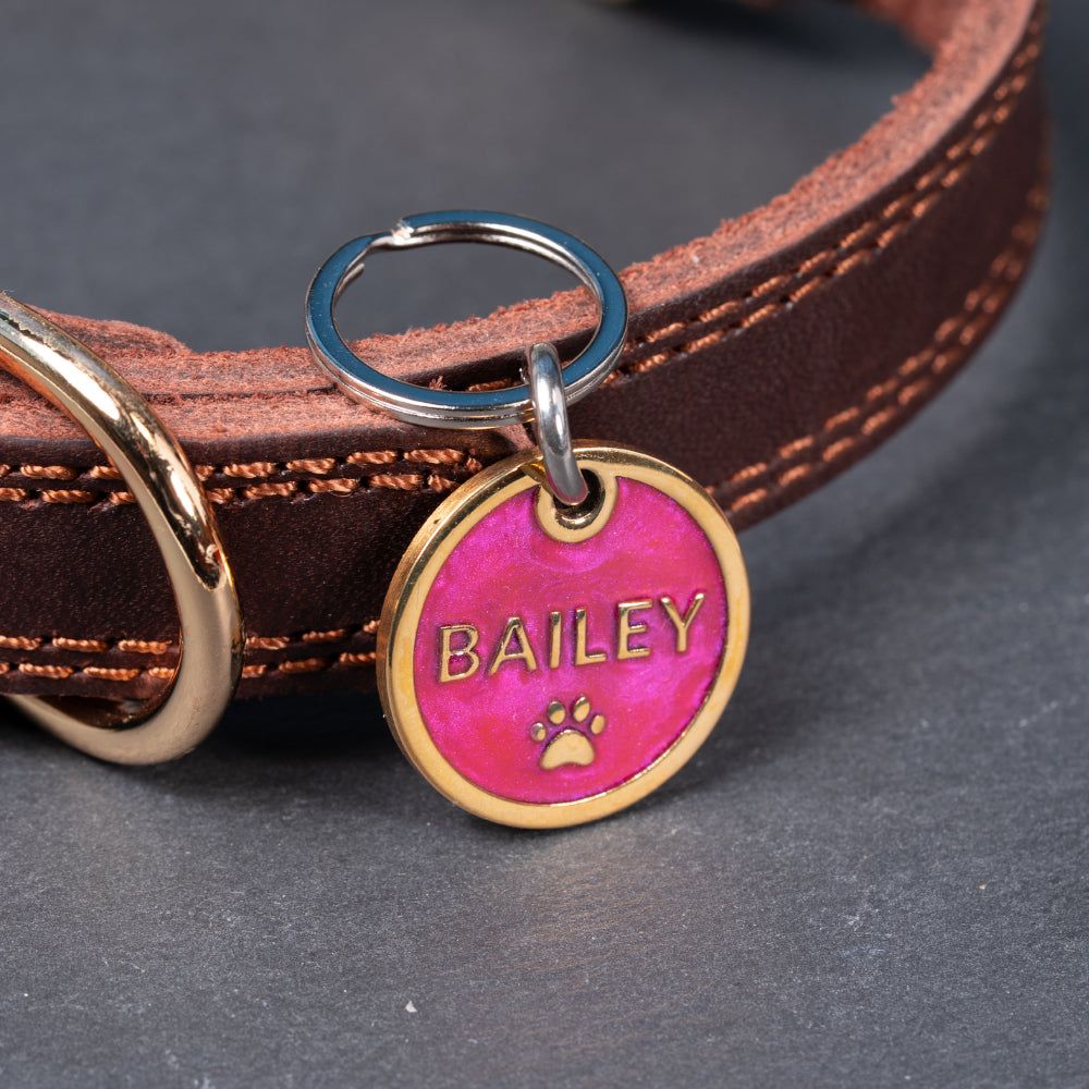 Custom Personalised Laser Engraved Round Pet Dog Cat ID Tag Colour Brass Bronze Double Sided