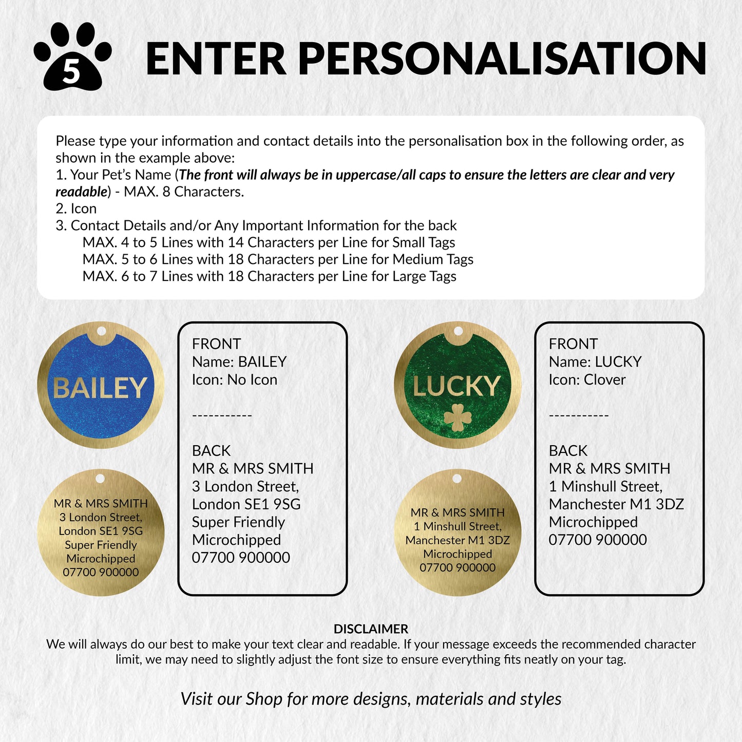 Custom Personalised Laser Engraved Round Pet Dog Cat ID Tag Colour Brass Bronze Double Sided