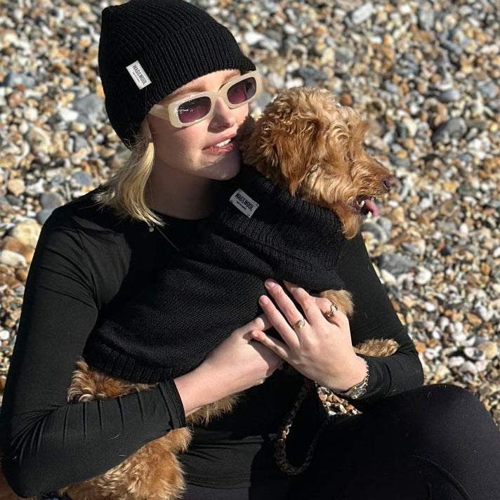 Person sitting on a pebbly beach holding a small brown dog dressed in a black dog jumper