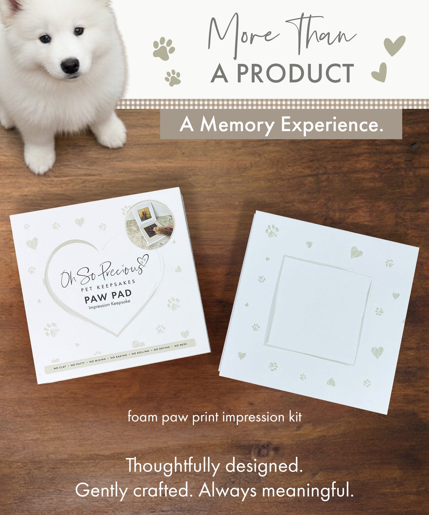 Foam paw print impression kit with a dog on a wooden surface, featuring text about a memory experience.