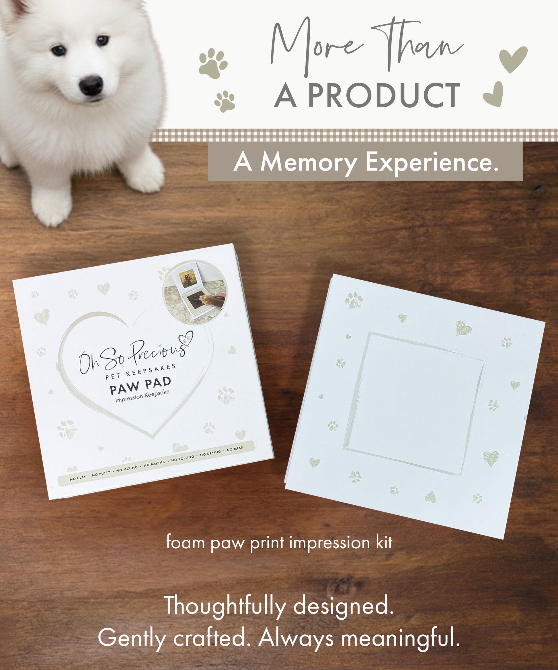 Foam paw print impression kit with a dog on a wooden surface, featuring text about a memory experience.
