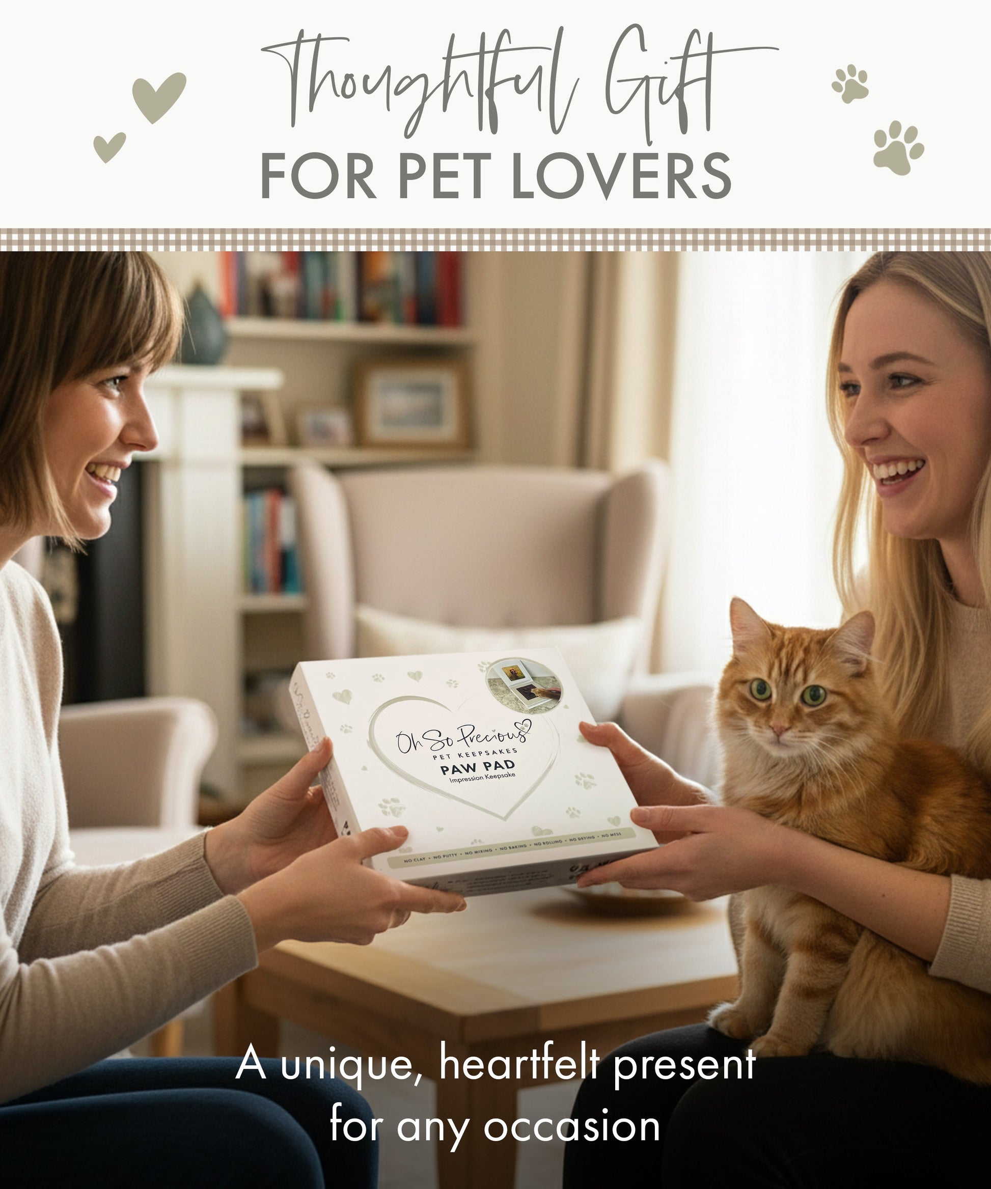 Two women holding a gift box with a cat sitting between them, labeled 'Thoughtful Gift for Pet Lovers'.