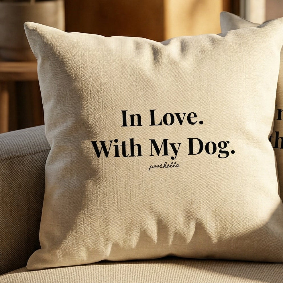 Natural Cotton beige cushion with black text