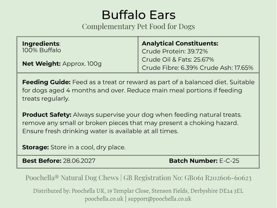 Product label for Buffalo Ears complementary pet food for dogs with details on ingredients, analytical constituents, feeding guide, product safety, storage, and best before date.