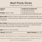 Product label for Beef Pizzle Sticks complementary pet food for dogs with details on ingredients, analysis, feeding guide, and storage.