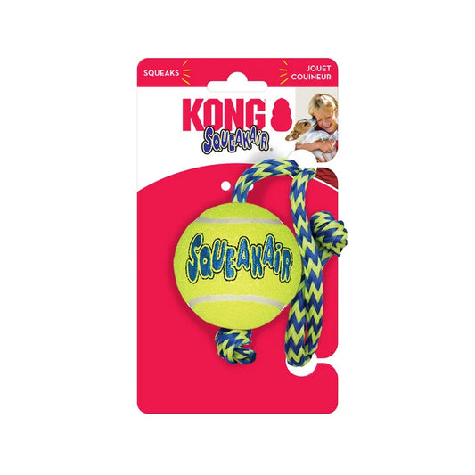 KONG SqueakAir Ball with Rope dog toy shown on its packaging