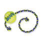 KONG SqueakAir fetch dog toy with yellow and blue ball and long rope