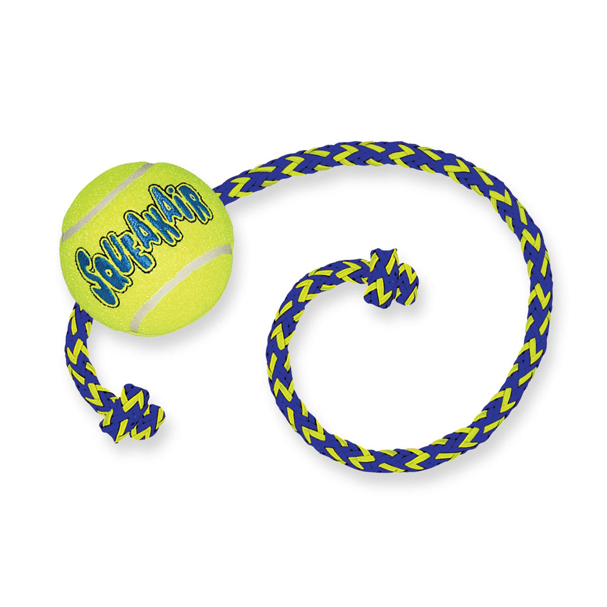 KONG SqueakAir fetch dog toy with yellow and blue ball and long rope