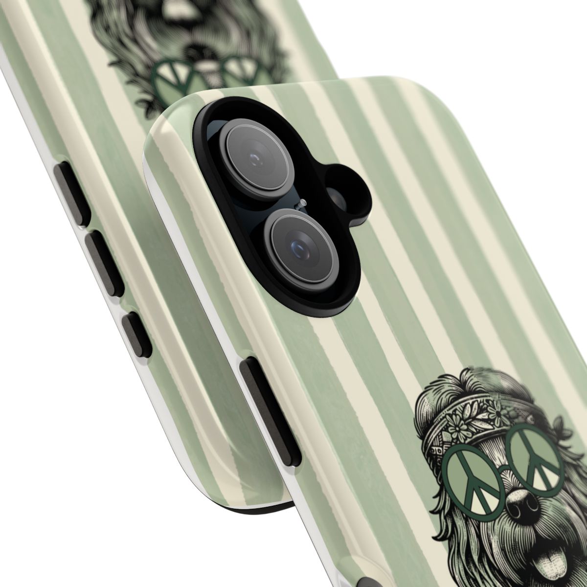 A close-up of a phone case with a mint green and cream vertical stripe pattern, featuring a black-and-white illustration of a dog wearing peace sign sunglasses. The case has a black camera bumper and side button covers, shown against a plain white background.