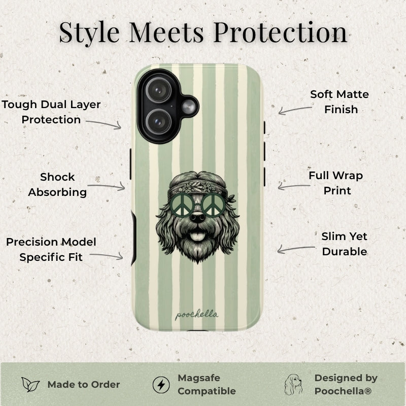 A phone case with a sage green and cream vertical stripe pattern and a black-and-white illustration of a dog wearing sunglasses, shown on a textured light beige background with feature callouts and branding text.