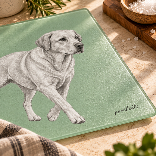 A glass cutting board with a mint green background and a detailed black-and-white sketch of a Labrador Retriever. The name 'poochella' is written in cursive near the bottom right.
