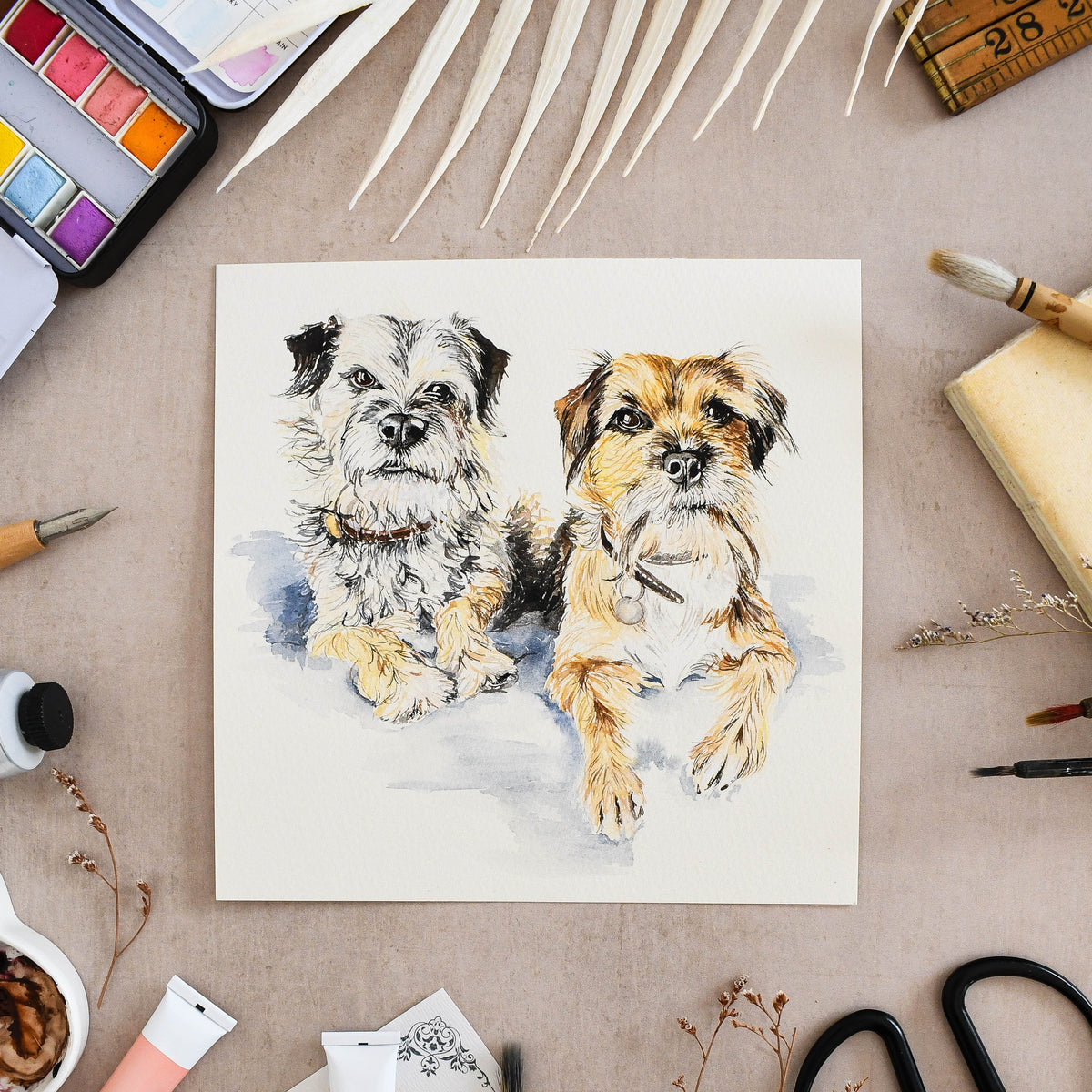 Two dogs in an original unframed hand-painted watercolour portrait