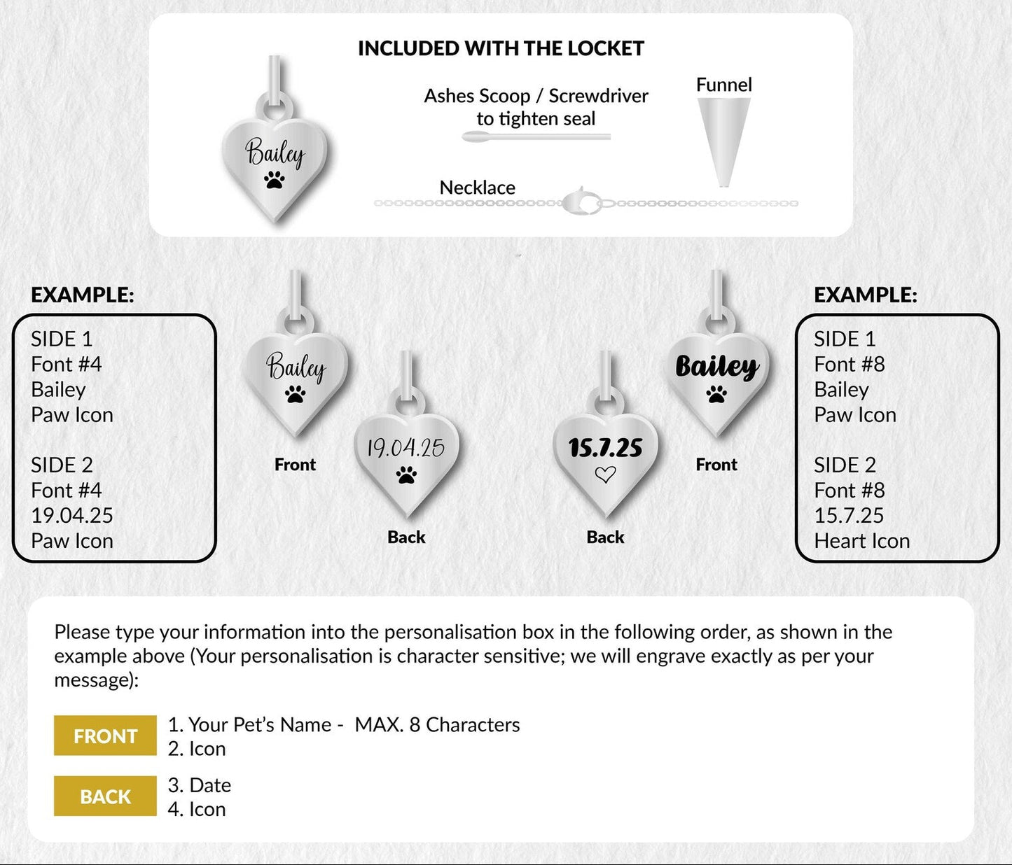 Personalization guide graphic for a pet cremation urn necklace, showing example engraved names, dates, and paw icons on the front and back of the pendant, with instructions on how to type information into the personalisation box.