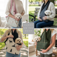 Collage of people holding puppies in various types of carriers outdoors and indoors.