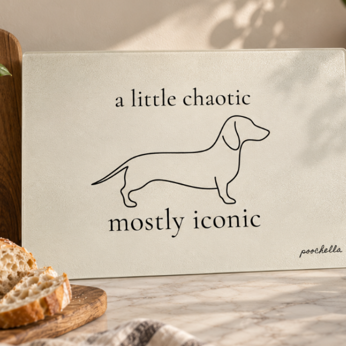 A rectangular ivory cutting board with a minimalist black line drawing of a dachshund and the text 'a little chaotic mostly iconic' by poochella, styled on a marble countertop with bread, basil, tomatoes, and kitchen utensils.