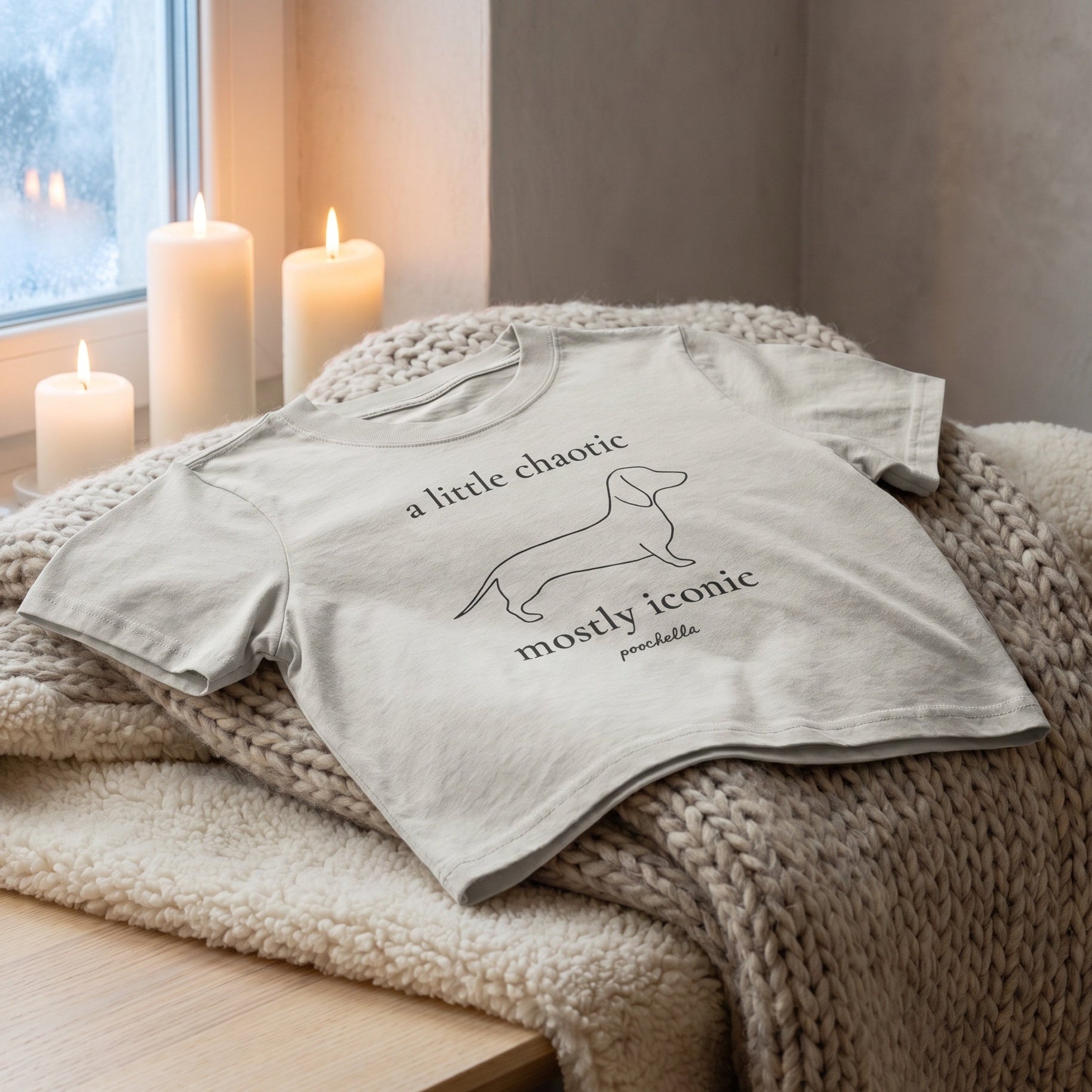 T-shirt with dachshund design and text on a textured surface with candles in the background