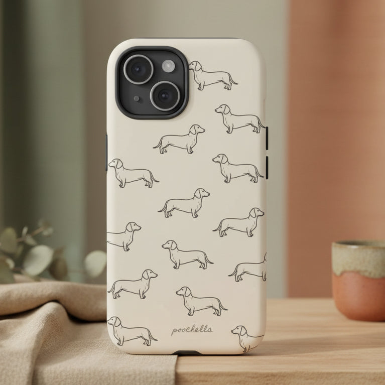 Phone case with dachshund design on a white background