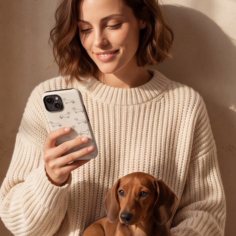 A woman in a cream ribbed sweater sits against a sunlit beige wall, holding a smartphone and resting a brown dachshund on her lap. The phone case has a white background with delicate black dog drawng