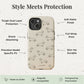 A phone case with a beige background and a black line-art dachshund pattern, shown with feature callouts and a light green footer banner. The text highlights features like tough dual layer protection, soft matte finish, full wrap print, and slim yet durable design.