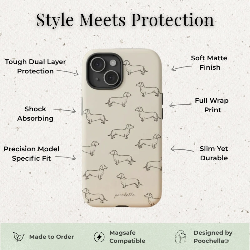 A phone case with a beige background and a black line-art dachshund pattern, shown with feature callouts and a light green footer banner. The text highlights features like tough dual layer protection, soft matte finish, full wrap print, and slim yet durable design.