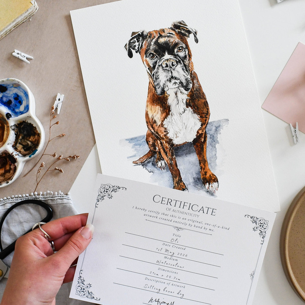 Signed certificate of authenticity accompanying a hand-painted dog portrait