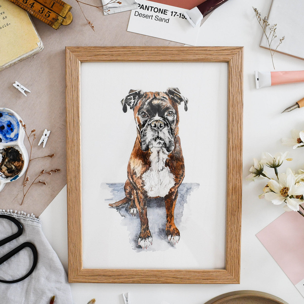 Framed custom watercolour dog portrait created from a customer photo