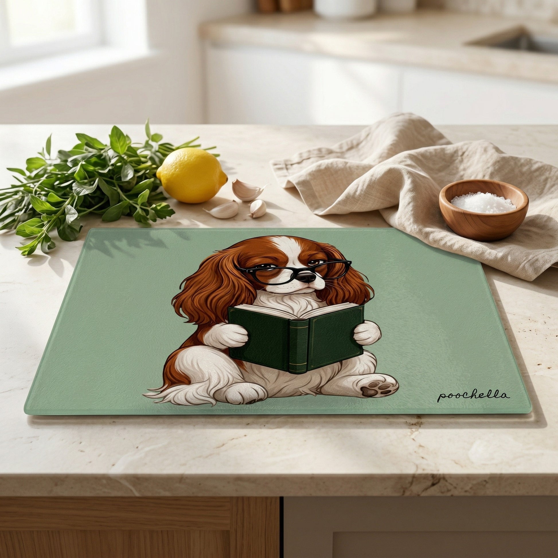 chopping board with a dog reading a book design on a kitchen counter.