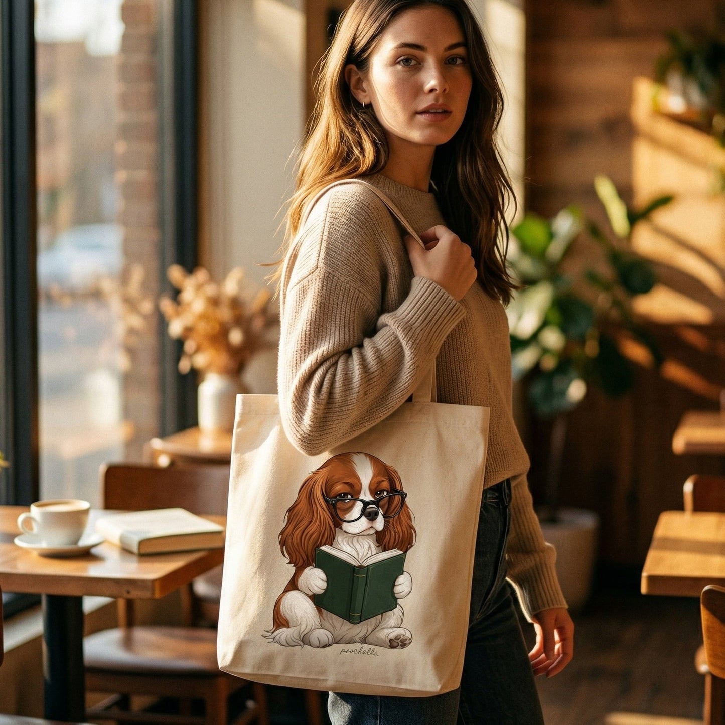 Woman holding a tote bag with a king charles spaniel dog illustration in a cozy cafe