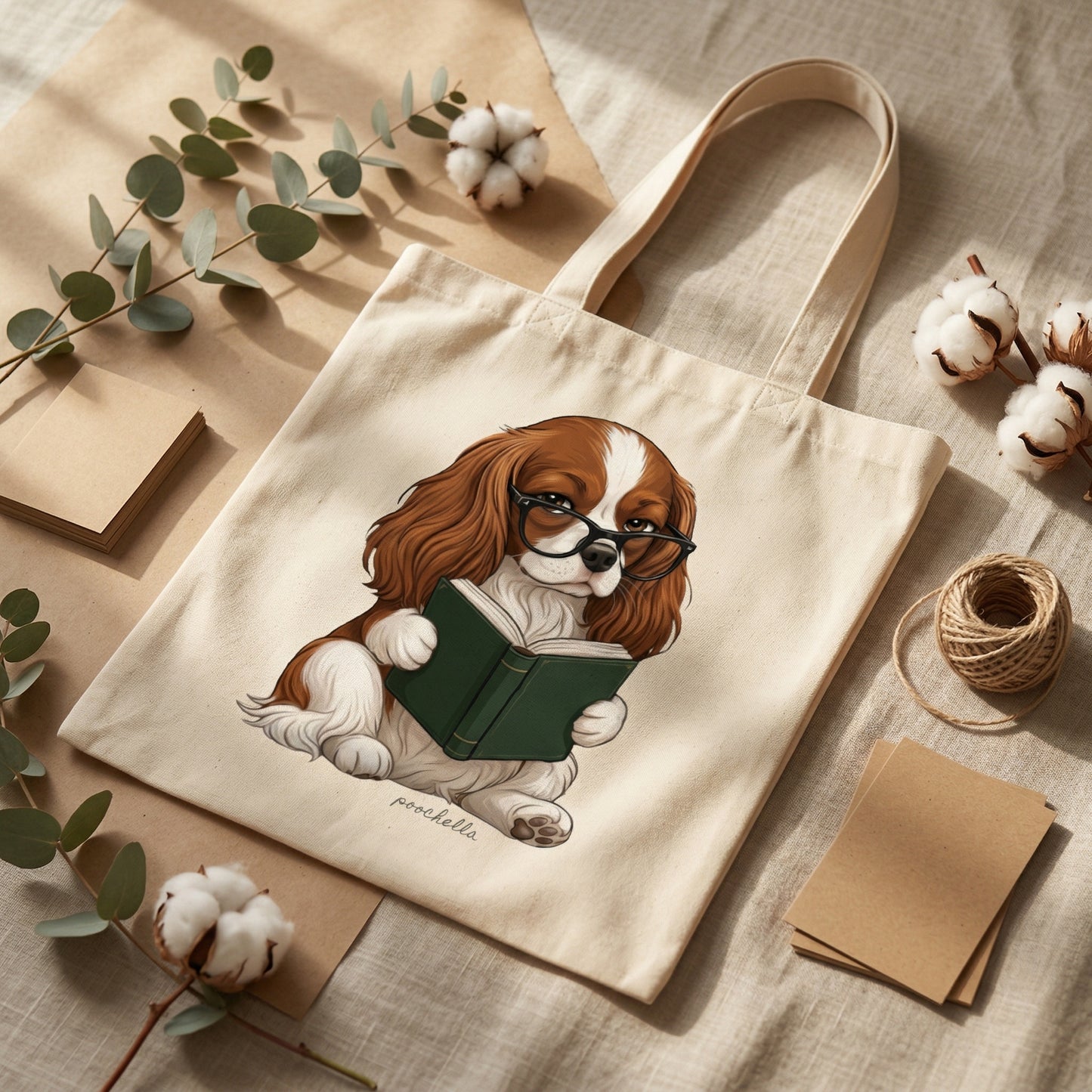 Tote bag with a dog reading a book illustration on a textured surface with cotton and twine.