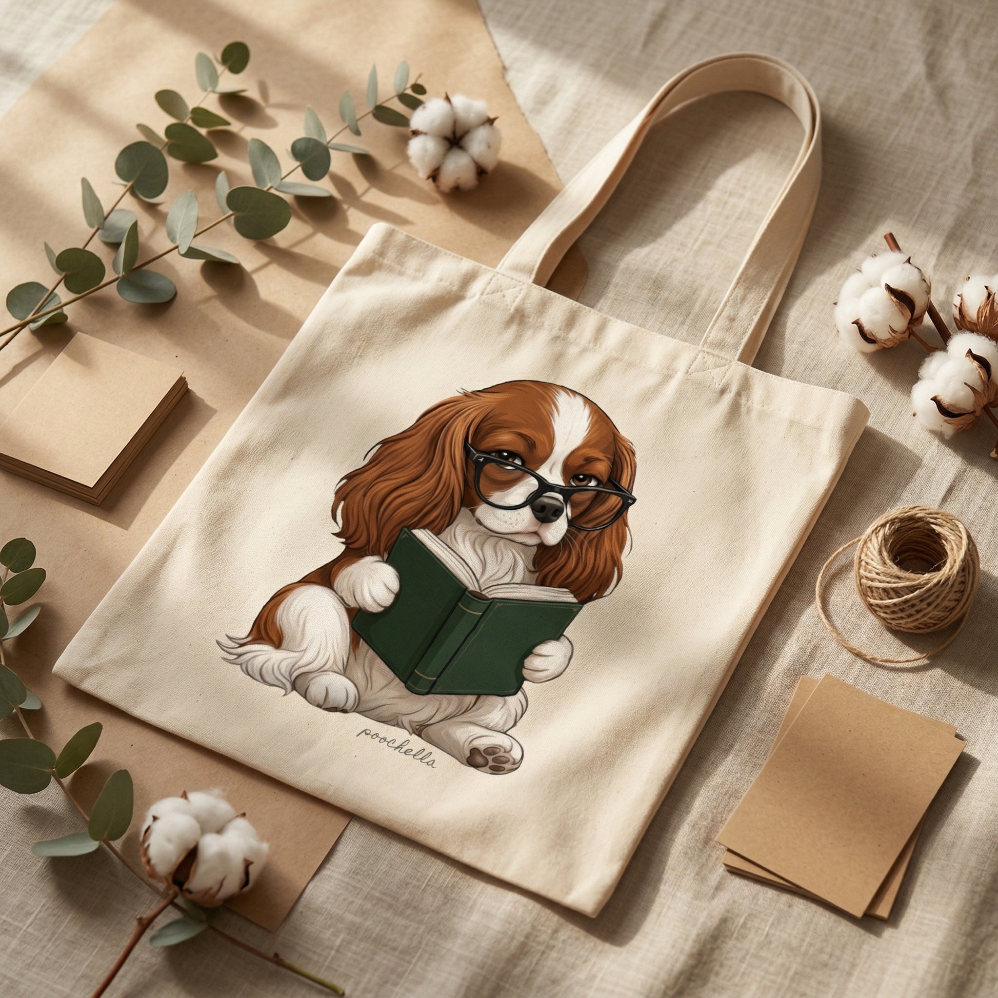 Tote bag with a dog reading a book illustration on a textured surface with cotton and twine.