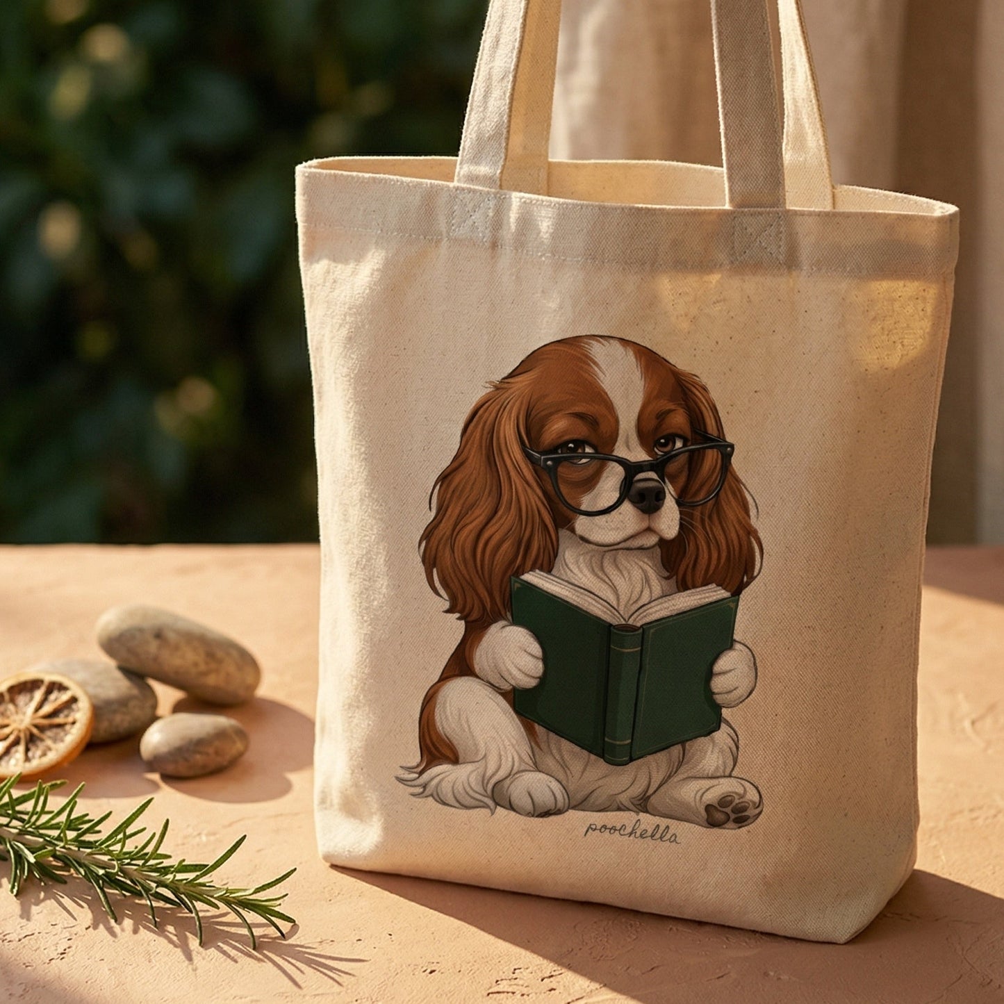 Tote bag with a dog reading a book illustration on a wooden surface with decorative elements.