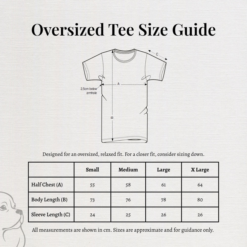 Oversized Tee Size Guide chart with a simple line drawing of a T-shirt showing measurement labels and a size table for Small, Medium, Large, and X Large measurements in cm.