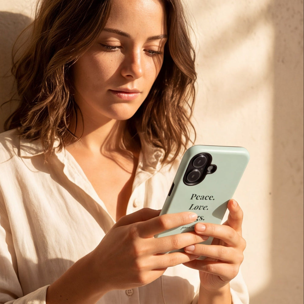 A woman in a cream linen shirt looks down at a mint green phone case printed with the words 'Peace, Love, Dogs' while holding a smartphone. The photo is taken in warm, direct sunlight against a textured beige wall.