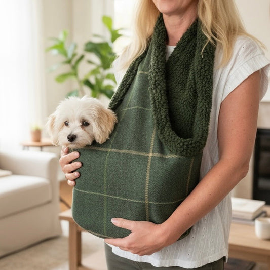 Person holding a small dog in a green plaid bag inside a home.