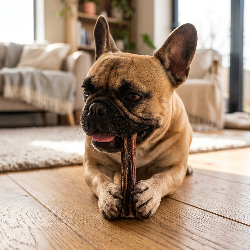 French BullDog holding a beef pizzle chew stick on a wooden floor in a living room