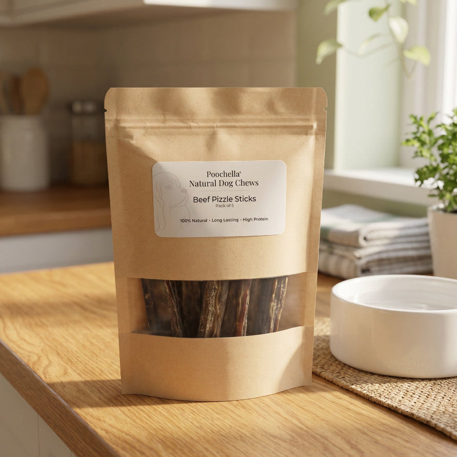 A kraft paper stand-up pouch labeled 'Poochella Natural Dog Chews Beef Pizzle Sticks' stands on a wooden kitchen counter with a white bowl nearby and a softly blurred kitchen background.