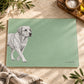 A rectangular sage green serving platter or cutting board with a detailed black-and-white sketch of a Labrador Retriever on the left side. 