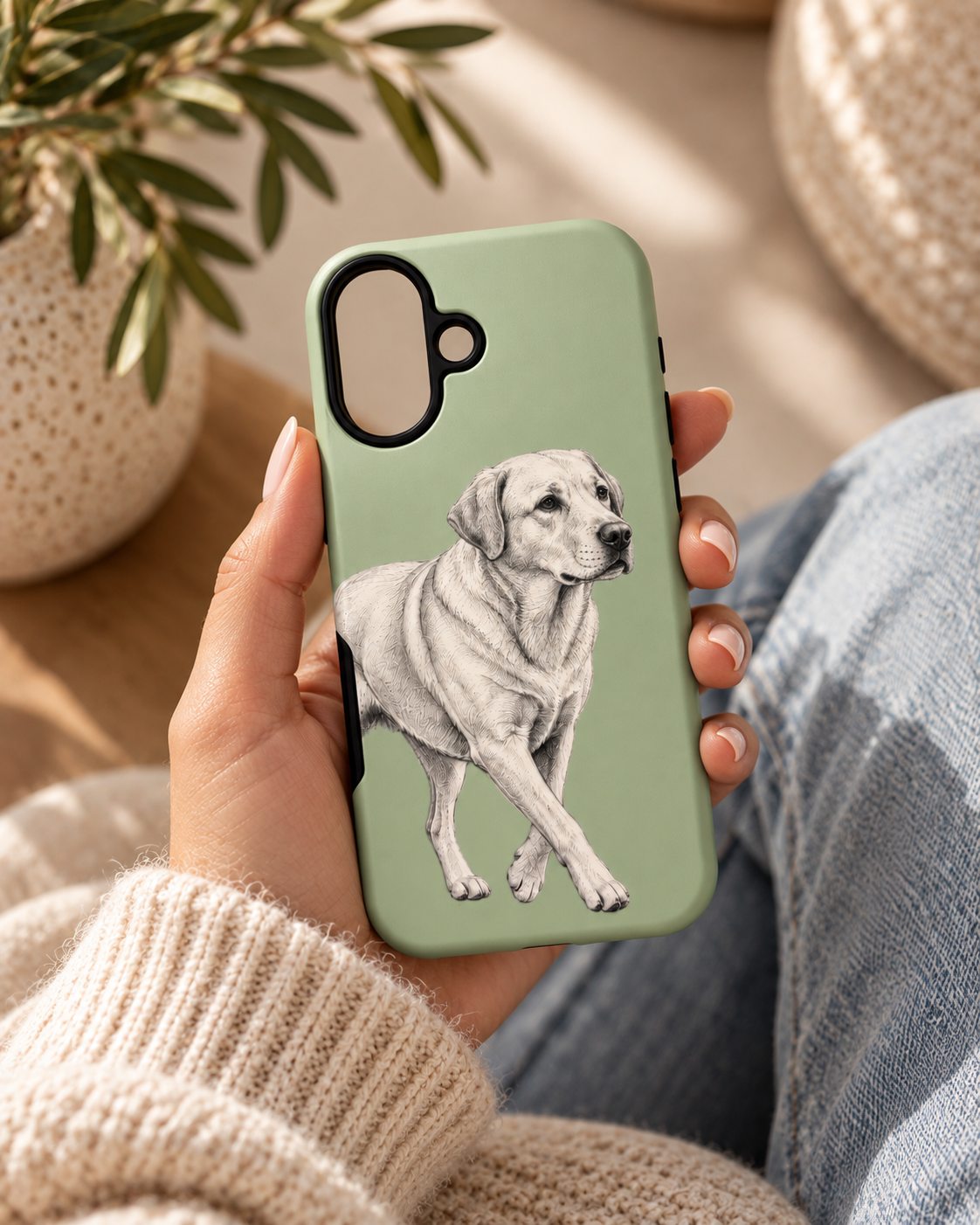 Loyal Labrador sage green phone case held in hand to show scale and design