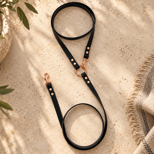 Poochella Signature Hands-Free Dog Lead arranged in loops on a warm beige stone surface with rose-gold hardware and natural greenery.