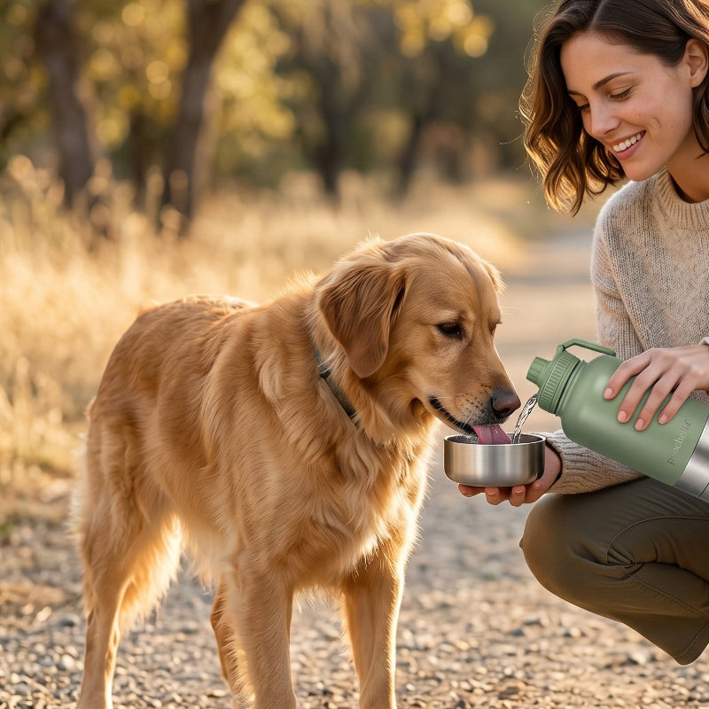 Woman and dog outdoors, woman holding a water bottle and bowl