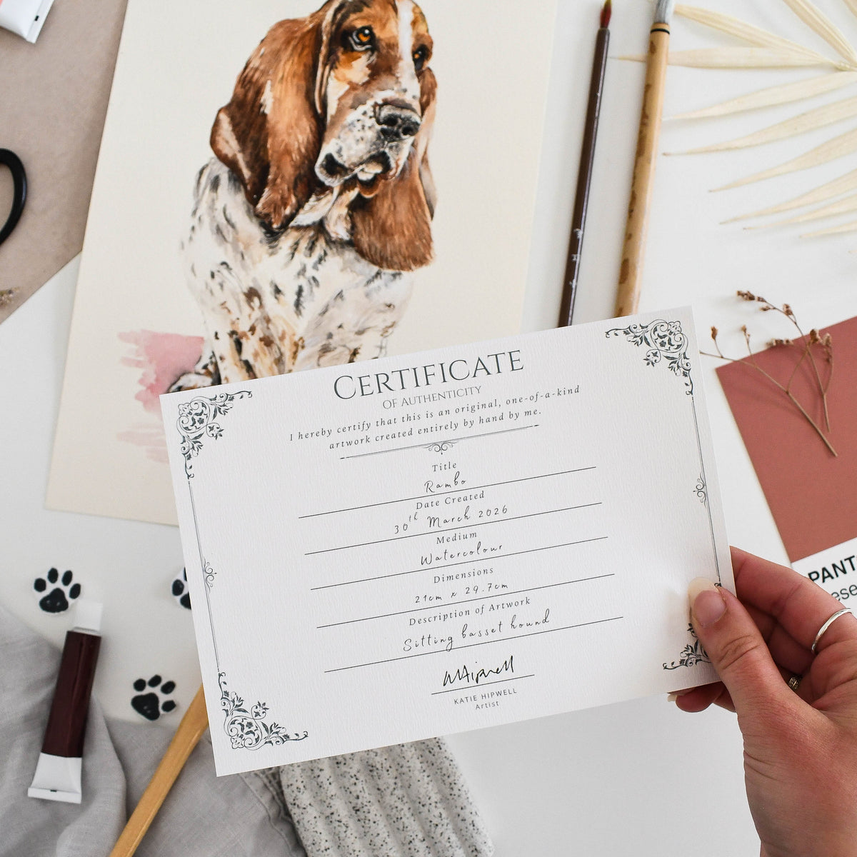 Certificate of authenticity for an original custom watercolour dog portrait