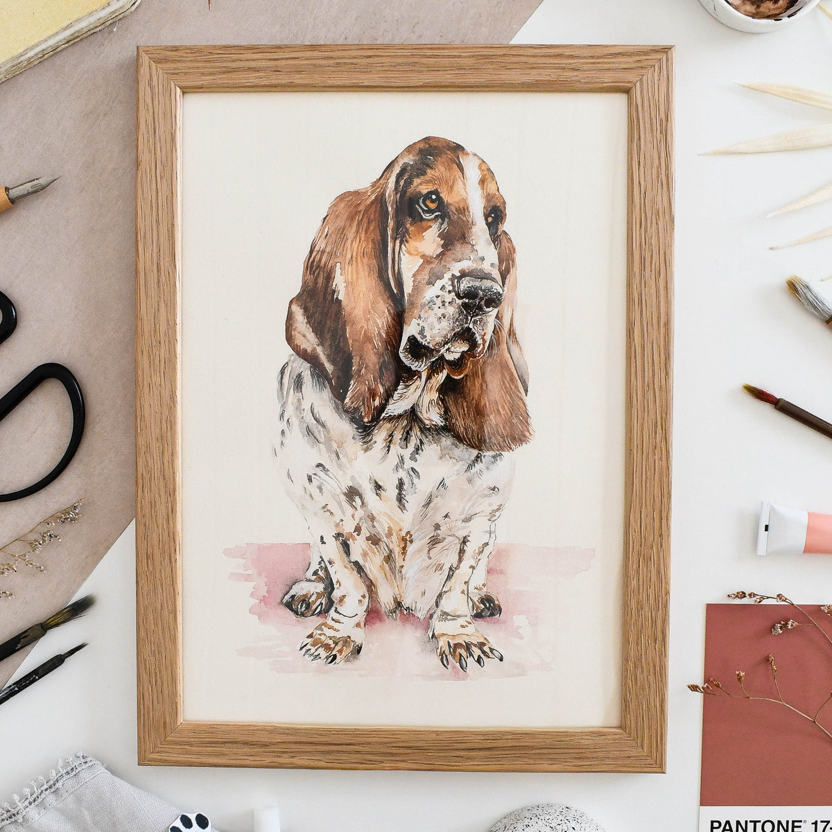 Framed hand-painted watercolour dog portrait by Katie Hipwell Design