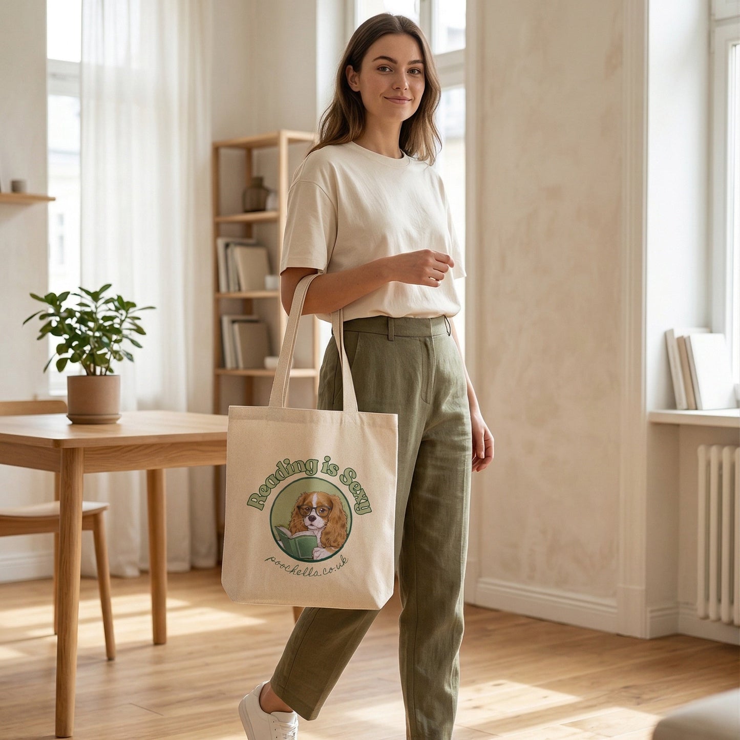 Woman holding a tote bag with a dog graphic in a bright room.