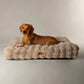 Dog laying on beige faux fur pet mattress