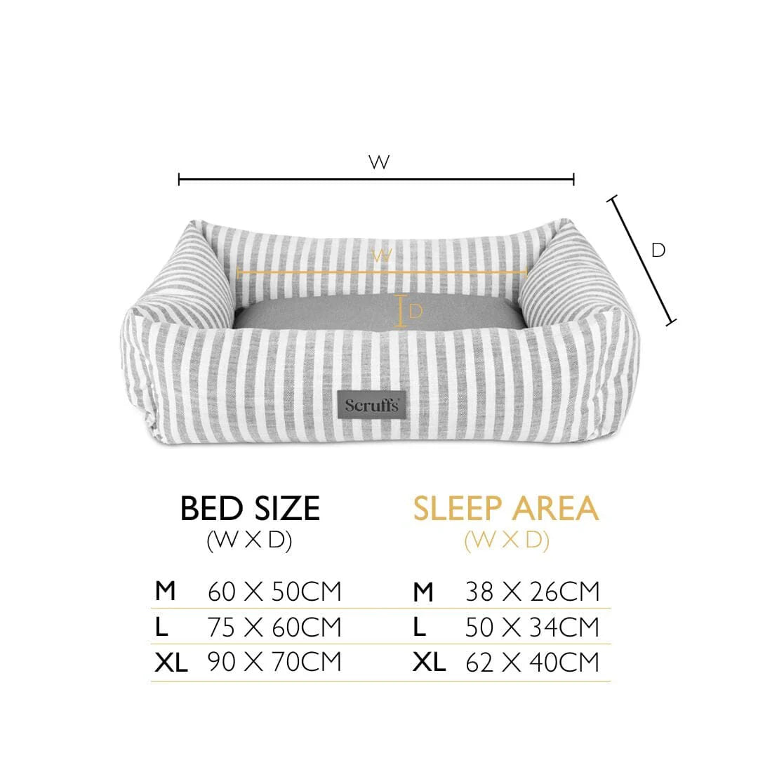 Measurement chart of scruffs striped pet bed with dimensions labeled.
