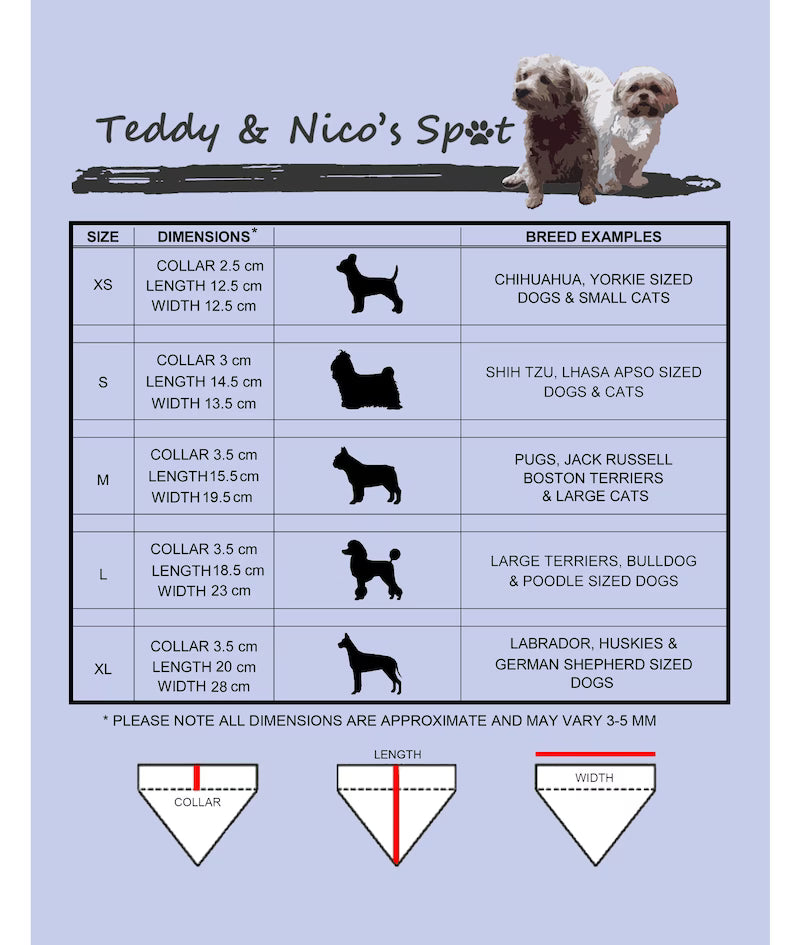 A size chart and guide for pet collars titled 'Teddy & Nico's Pet' on a light lavender background. The chart includes a small dog photo, a breed examples column, and size tables from XS to XL with dimensions, collar measurements, and suggested dog breeds.