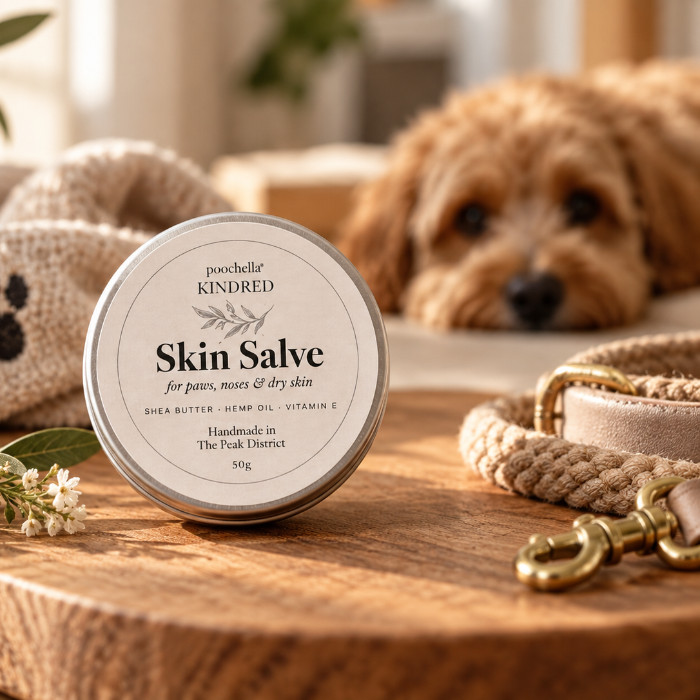 A round tin of poochiella KINDRED Skin Salve sits on a wooden surface in a warm, cozy setting with a fluffy dog in the background, alongside a knit blanket with a paw print, flowers, and a rope leash.
