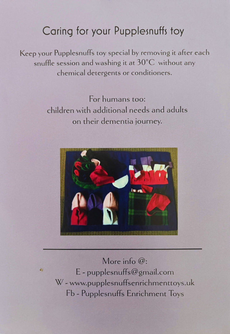 Instructions for caring for a Puppiesnuffs toy with text and images of toys on a light purple background.